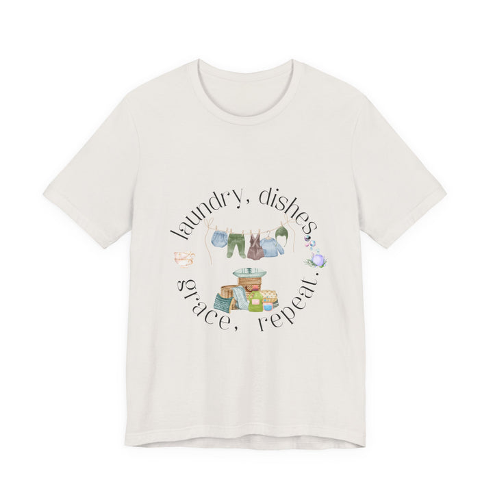 Laundry, Dishes, Grace, Repeat Tee | Watercolor Homemaker Graphic T-Shirt | Faith-Filled Simple Living Shirt for Women