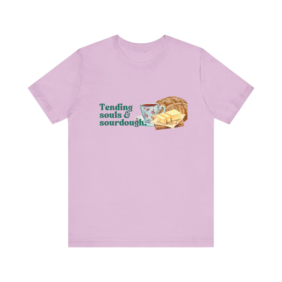 Tending Souls and Sourdough Tee | Watercolor Homestead Kitchen Graphic T-Shirt | Faith-Filled Slow Living Shirt for Women