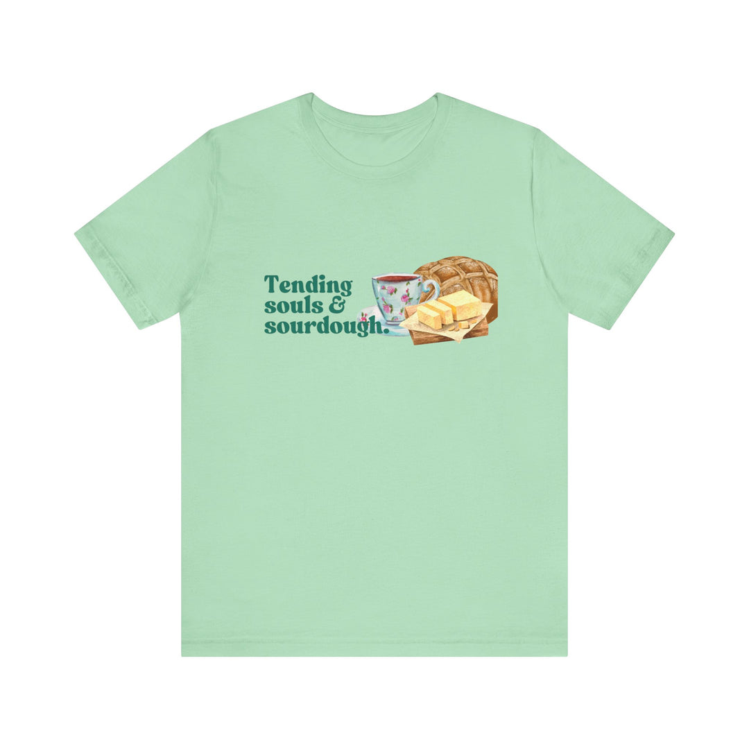 Tending Souls and Sourdough Tee | Watercolor Homestead Kitchen Graphic T-Shirt | Faith-Filled Slow Living Shirt for Women