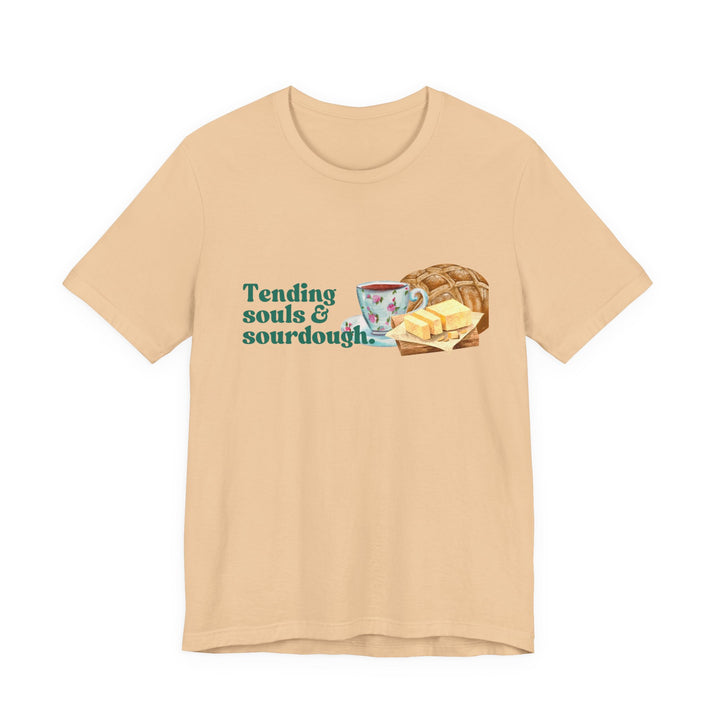 Tending Souls and Sourdough Tee | Watercolor Homestead Kitchen Graphic T-Shirt | Faith-Filled Slow Living Shirt for Women