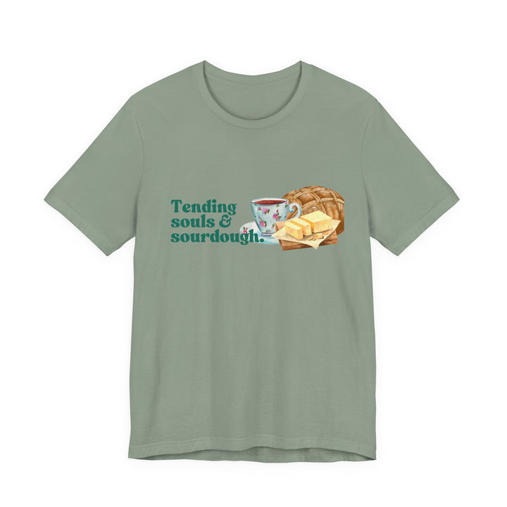 Tending Souls and Sourdough Tee | Watercolor Homestead Kitchen Graphic T-Shirt | Faith-Filled Slow Living Shirt for Women
