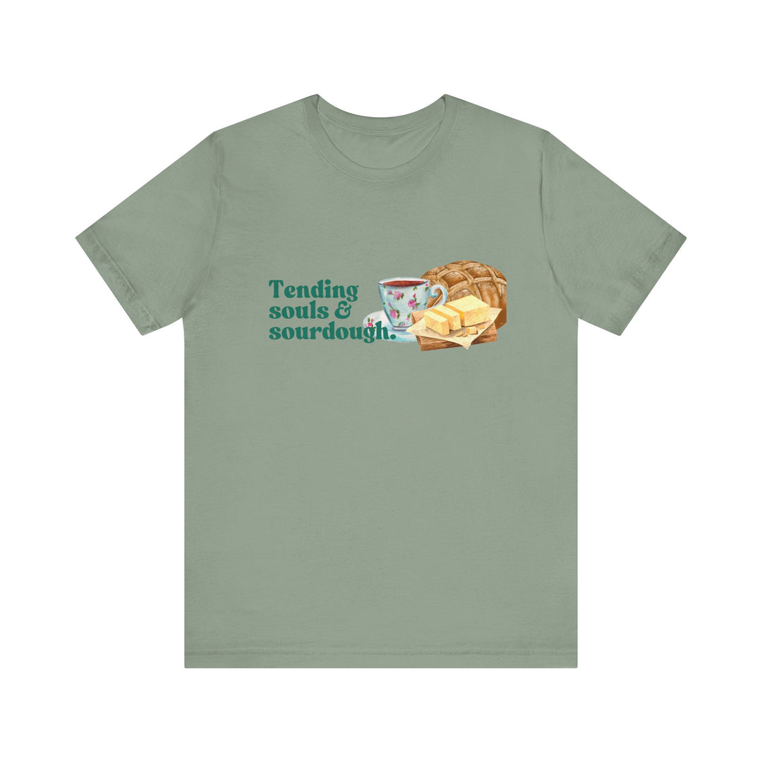 Tending Souls and Sourdough Tee | Watercolor Homestead Kitchen Graphic T-Shirt | Faith-Filled Slow Living Shirt for Women
