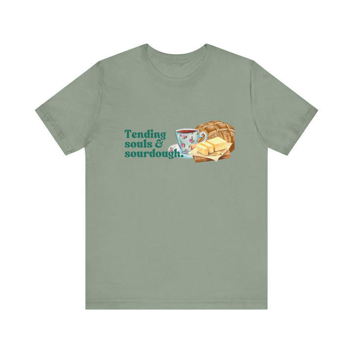 Tending Souls and Sourdough Tee | Watercolor Homestead Kitchen Graphic T-Shirt | Faith-Filled Slow Living Shirt for Women