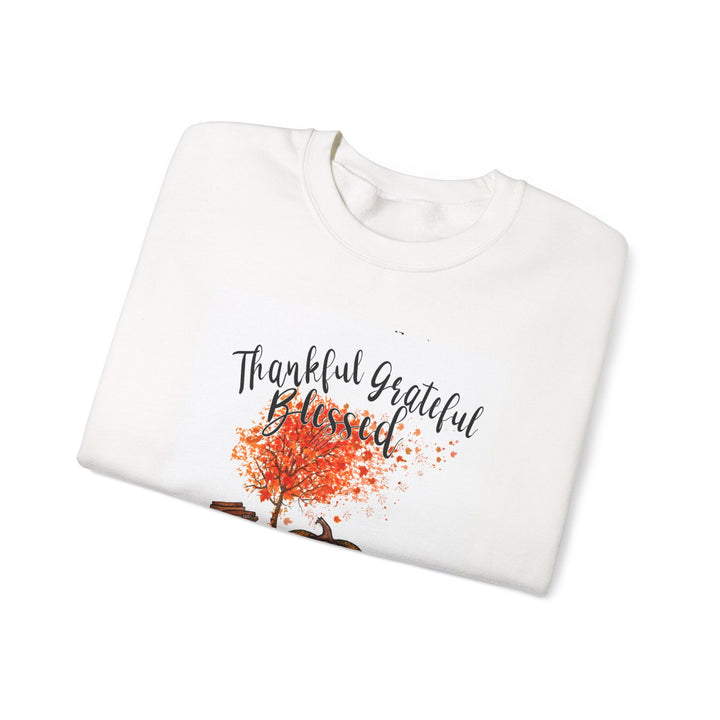 Thankful Grateful Blessed Crewneck Sweatshirt, Cozy Fall Sweatshirt, Autumn Gift, Thanksgiving Apparel, Unisex Thanksgiving Gift