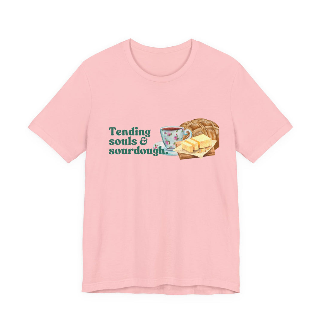 Tending Souls and Sourdough Tee | Watercolor Homestead Kitchen Graphic T-Shirt | Faith-Filled Slow Living Shirt for Women
