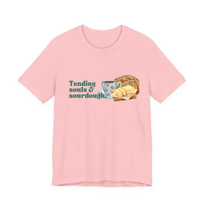Tending Souls and Sourdough Tee | Watercolor Homestead Kitchen Graphic T-Shirt | Faith-Filled Slow Living Shirt for Women