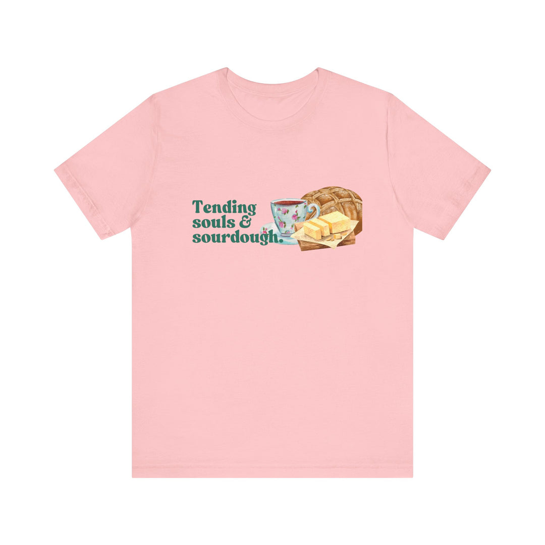 Tending Souls and Sourdough Tee | Watercolor Homestead Kitchen Graphic T-Shirt | Faith-Filled Slow Living Shirt for Women