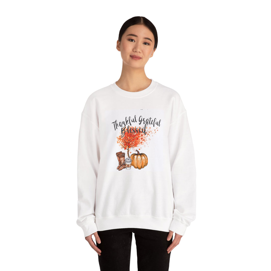 Thankful Grateful Blessed Crewneck Sweatshirt, Cozy Fall Sweatshirt, Autumn Gift, Thanksgiving Apparel, Unisex Thanksgiving Gift