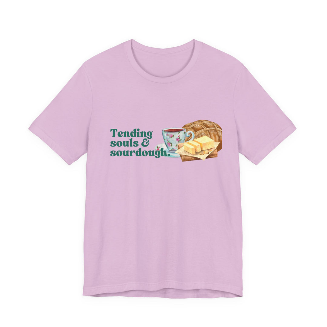 Tending Souls and Sourdough Tee | Watercolor Homestead Kitchen Graphic T-Shirt | Faith-Filled Slow Living Shirt for Women