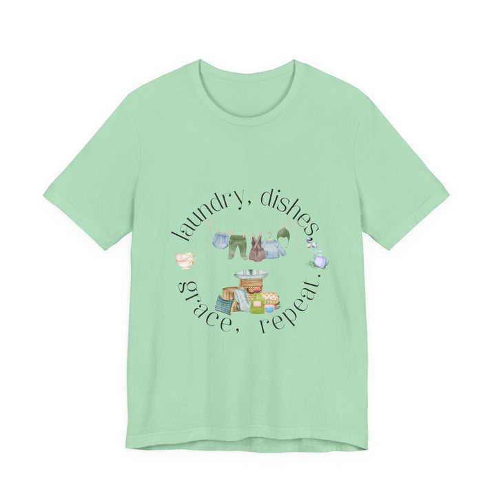 Laundry, Dishes, Grace, Repeat Tee | Watercolor Homemaker Graphic T-Shirt | Faith-Filled Simple Living Shirt for Women