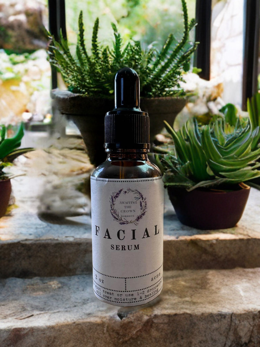 An amber bottle with a sin nourishing handmade facial serum made for acne prone skin.